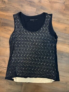 cleo Navy Sequin-Overlay Tank Top with Cream Underlayer